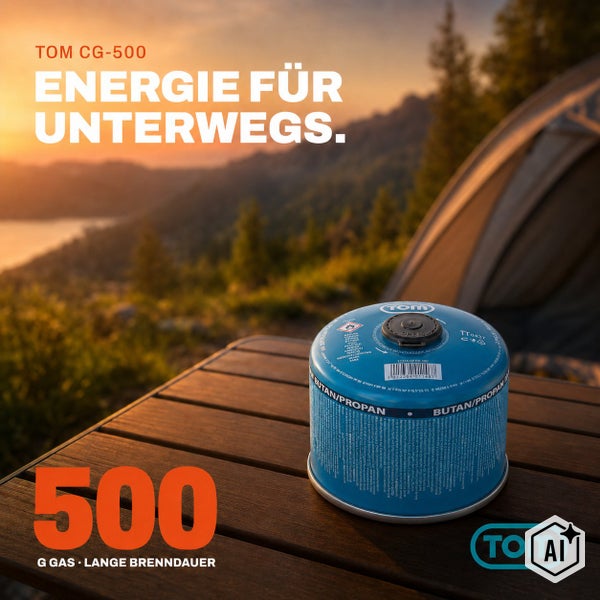 TOM Gaskartusche CG 500 mit Butan und Propan Gasmischung auf einem Campingtisch vor einer Berglandschaft.