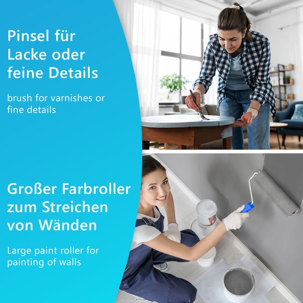Anwendung eines Pinsels für Lacke oder feine Details an einem Tisch und eines großen Farbrollers zum Streichen von Wänden.