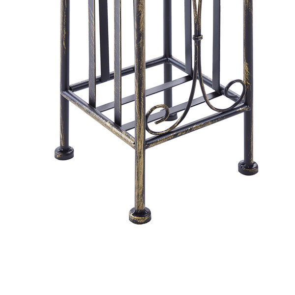 Freistehender Toilettenpapierhalter aus Metall in Antik-Optik mit integriertem Ersatzrollenhalter.