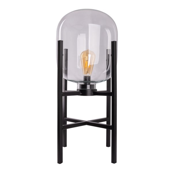 Dekorative Tischleuchte mit einem schwarzen Metallgestell und einer transparenten Glaskuppel, die eine Glühbirne umhüllt.