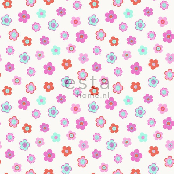 ESTAhome Tapete Blumenmuster Rosa, Türkis und Korallenrot - 53 cm x 10.05 m - 138724