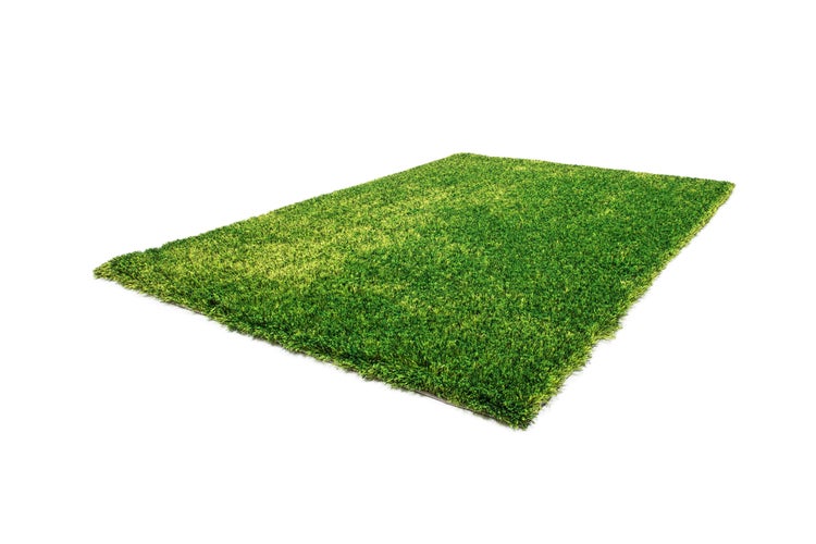 Grüner Kunstrasenteppich in rechteckiger Form mit dichtem Flor für Balkon und Terrasse.