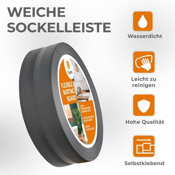 Eine Rolle weiche, selbstklebende Sockelleiste von Quest mit Symbolen für wasserdicht, leicht zu reinigen, hohe Qualität und einfache Montage.