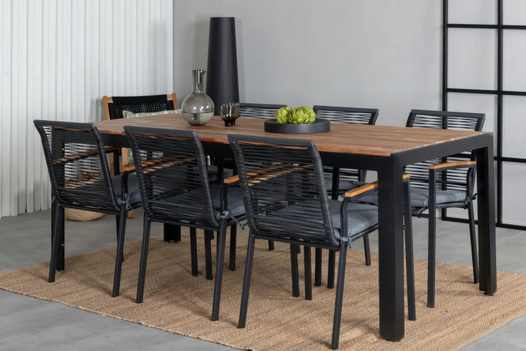 Bois Gartenset Tisch 90x205cm und 6 Stühle Dallas schwarz, natur. 90 X 205 X 76 cm