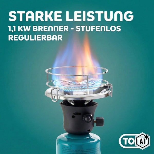 Gasbrenner mit 1,1 Kilowatt Leistung und stufenloser Regulierung der Marke TOM.