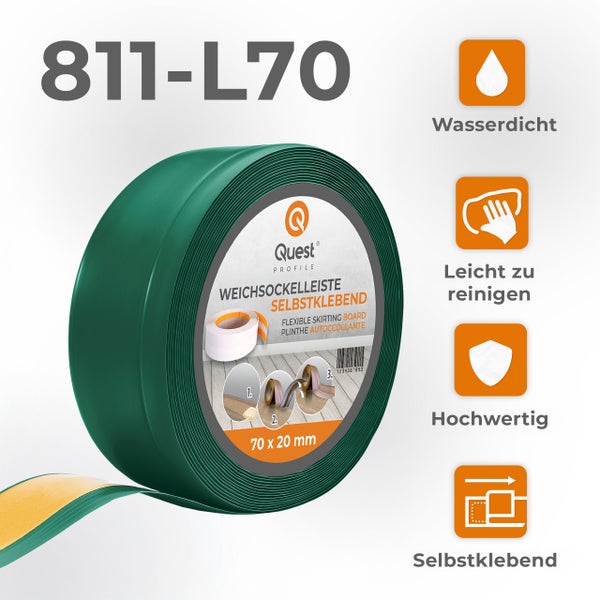 Quest Weichsockelleiste, Breite Sockelleiste 70 x 20 mm, PVC Knickleiste für Wand, Boden, Flexibel, Grün, 1 Meter