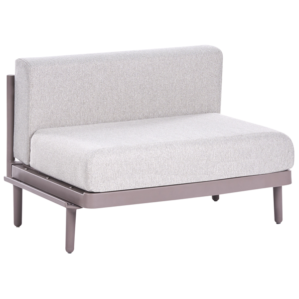 Modernes Lounge-Sessel-Mittelteil für den Außenbereich mit hellen Stoffpolstern und einem stabilen Metallgestell.