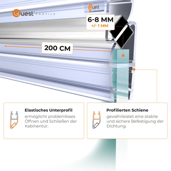 Quest Profile Duschdichtung für Glasstärken von 6 bis 8 Millimeter, Länge 200 Zentimeter. Elastisches Unterprofil, profilierte Schiene. Quest Logo.