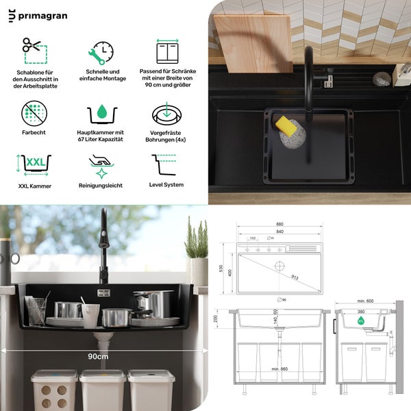 PRIMAGRAN Granitspüle Schwarz 88x53cm, Spülbecken 1 Becken + Küchenarmatur 32x20cm + Ablauf-Set + Küchenzubehörset, Küchenspüle ab 90er Unterschrank - Oslo Pocket