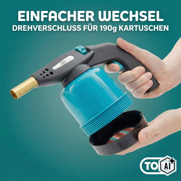 TOM Lötlampe mit Drehverschluss für 190 Gramm Gaskartuschen für einfachen Kartuschenwechsel