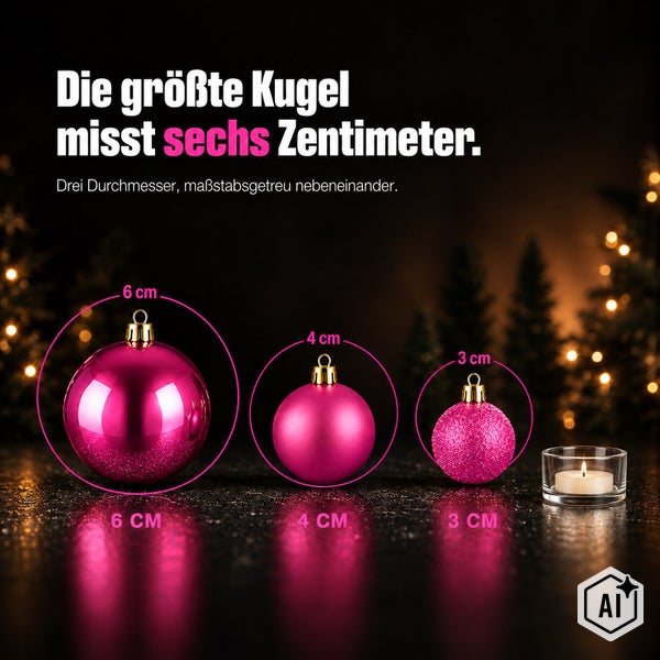 Drei Weihnachtskugeln im Größenvergleich mit 6 Zentimeter, 4 Zentimeter und 3 Zentimeter Durchmesser sowie einem Teelicht.