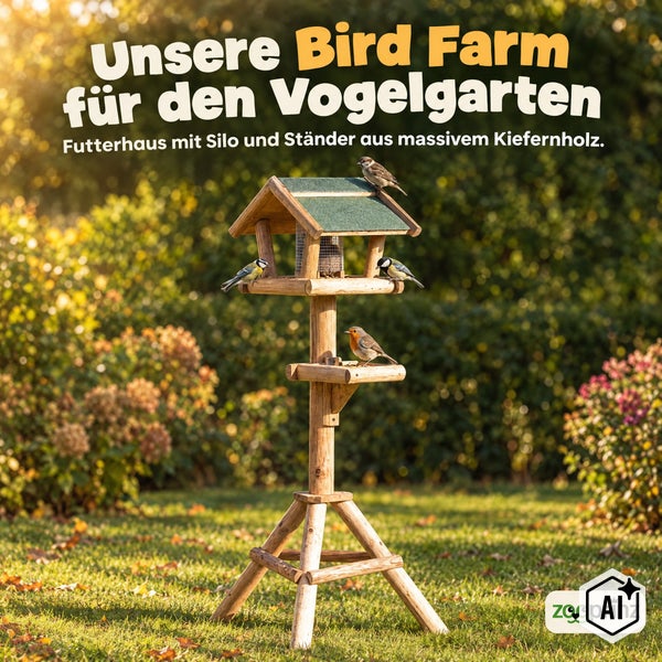 Massives Futterhaus aus Kiefernholz mit Silo und Ständer für Vögel im Garten stehend.