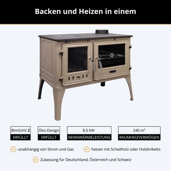 Holzherd mit Backofen, 8,5 Kilowatt Nennwärmeleistung, 240 Kubikmeter Raumheizvermögen, erfüllt BImSchV 2 und Öko-Design.
