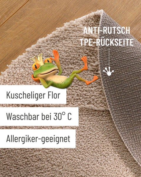 Runder strukturierter Badeteppich mit Hoch-Tief-Muster auf einem Holzfußboden in einem Badezimmer