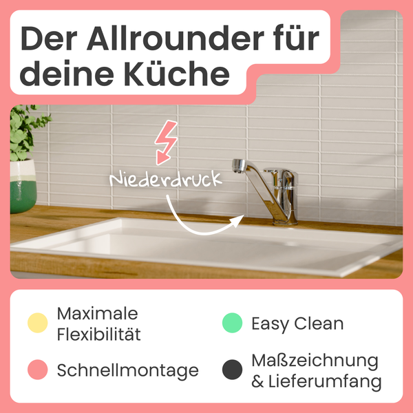 Küchenspüle mit Armatur und Hinweis auf Niederdruck