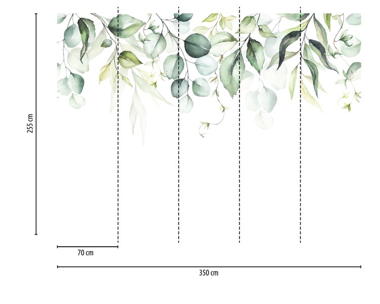 Fototapete mit botanischem Blättermotiv im Aquarell-Stil, 5 Bahnen, Maße 350 mal 255 Zentimeter, Bahnbreite 70 Zentimeter.