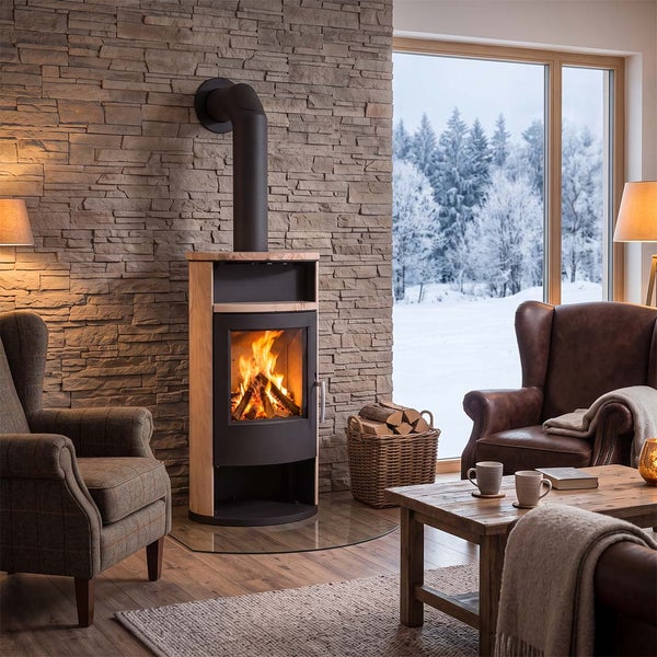 Kaminofen mit Holzverkleidung vor einer Natursteinwand in einem gemütlichen Wohnzimmer mit Blick auf eine verschneite Winterlandschaft.