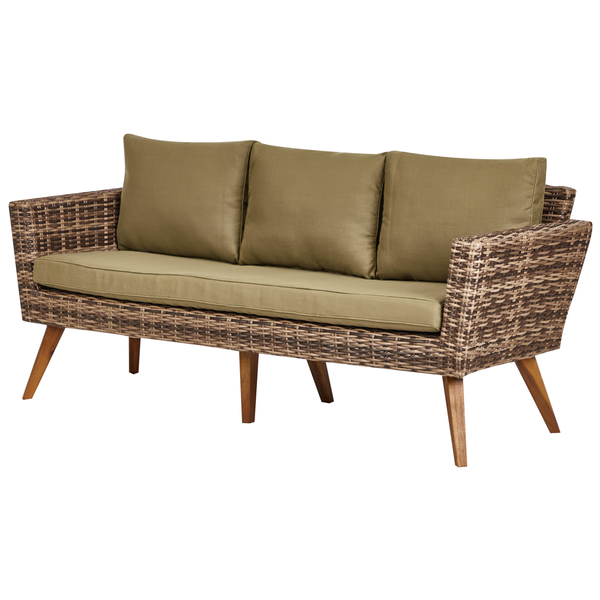 Gartenbank aus Rattan mit Polster und Holzbeinen