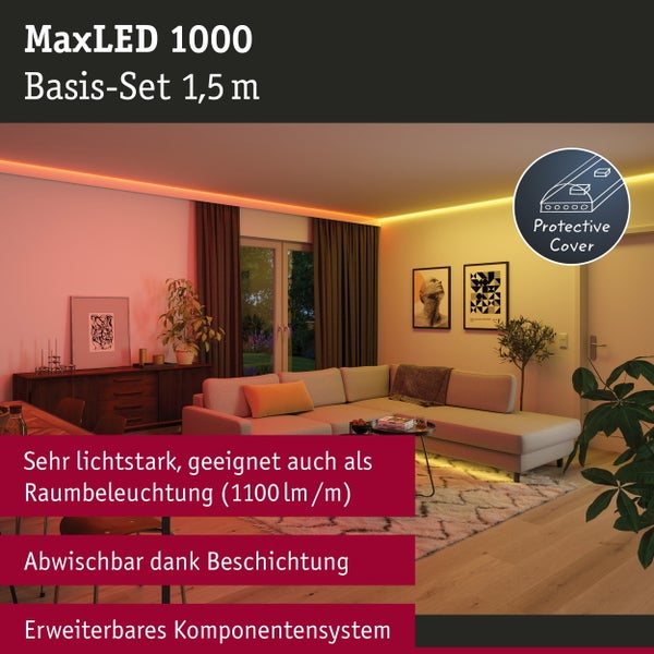 MaxLED 500 Full-Line COB LED-Band mit selbstklebender Rückseite, 640 LEDs pro Meter, alle 2,5 Zentimeter kürzbar und leicht verbindbar.