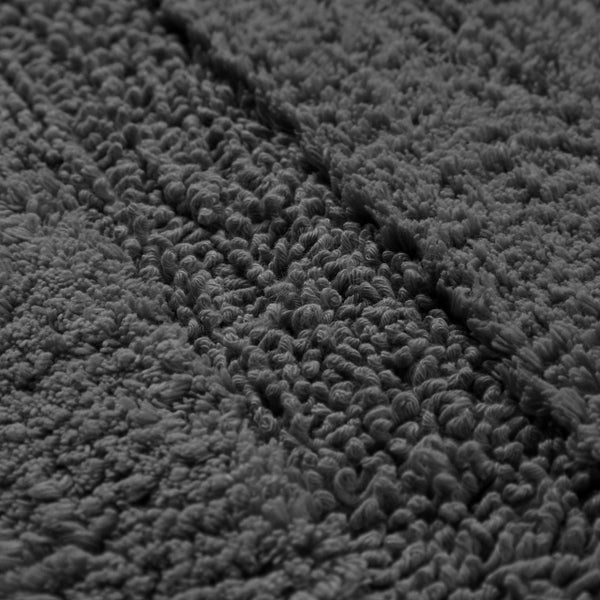 Nahaufnahme einer grauen Badematte mit weicher Schlingenstruktur und unterschiedlichen Florhöhen.
