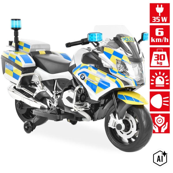 Elektro Kindermotorrad BMW Polizei mit Stützrädern und Blaulicht 35 Watt 6 Kilometer pro Stunde bis 30 Kilogramm belastbar