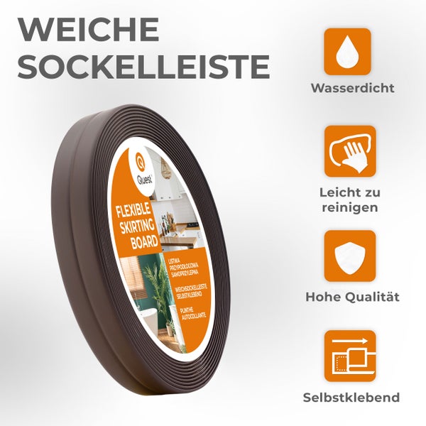Eine aufgerollte flexible Weichsockelleiste von Quest, selbstklebend und wasserdicht mit Symbolen für die Produkteigenschaften.