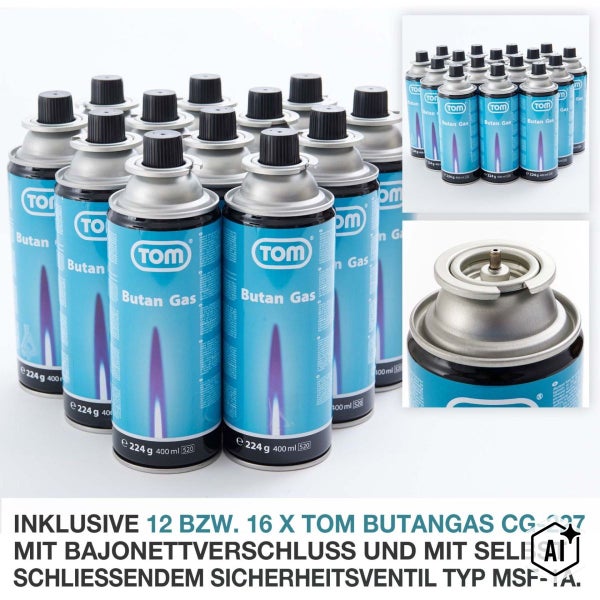 Set aus 12 oder 16 TOM Butangas Kartuschen CG 227 mit Bajonettverschluss und selbstschließendem Sicherheitsventil Typ MSF 1A.