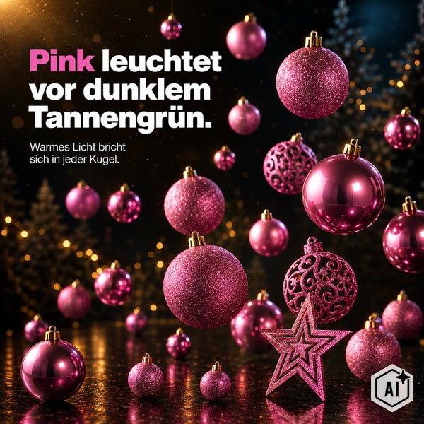 Set aus Christbaumschmuck mit glänzenden und glitzernden Weihnachtskugeln sowie einem Weihnachtsstern vor einem dunklen Tannenbaum Hintergrund.
