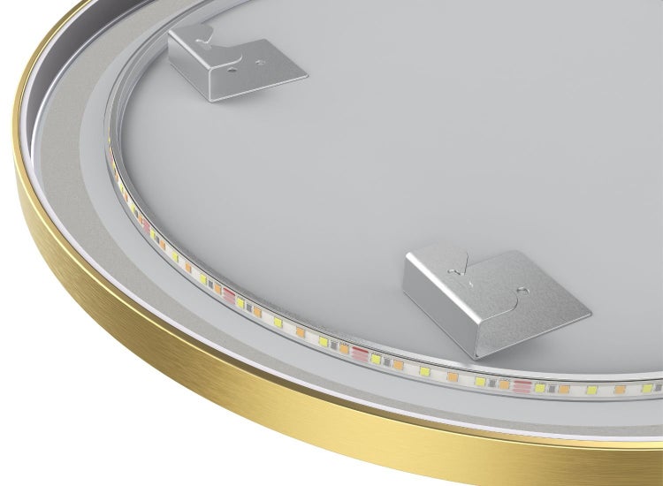 Rückseite einer runden LED Deckenleuchte mit sichtbarem LED Streifen und Metallhalterungen zur Wand oder Deckenmontage