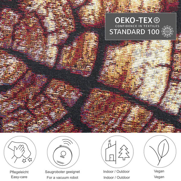 OEKO-TEX Standard 100 Siegel und Eigenschaften: pflegeleicht, für Saugroboter geeignet, für Innenbereich und Außenbereich, vegan.