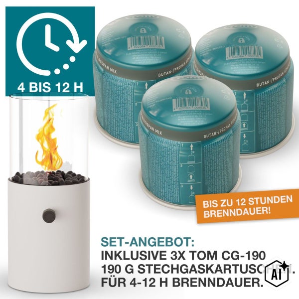 Tischkamin mit drei Stechgaskartuschen Set Angebot für eine Brenndauer von vier bis zwölf Stunden mit Butan Propan Gasgemisch