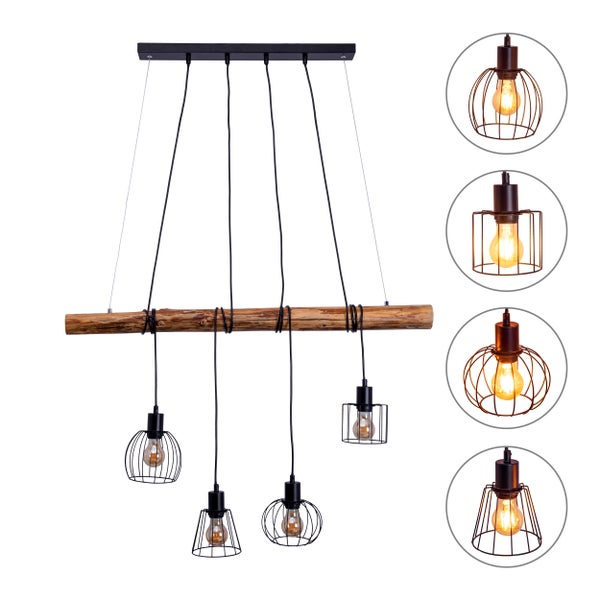 4er Pendelleuchte WOODLAND,  Hängelampe, Metall und Holz in Schwarz, und natur- E27-Fassung, für Esszimmer, Wohnzimmer, Diele oder Büro, 100 cm lang