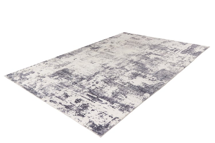 Rechteckiger Teppich in Grau und Weiß mit abstraktem Vintage-Muster.