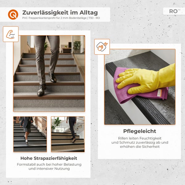 PVC-Treppenkantenprofil im Einsatz auf Treppen zur Demonstration von Belastbarkeit und einfacher Reinigung durch Rillenstruktur.