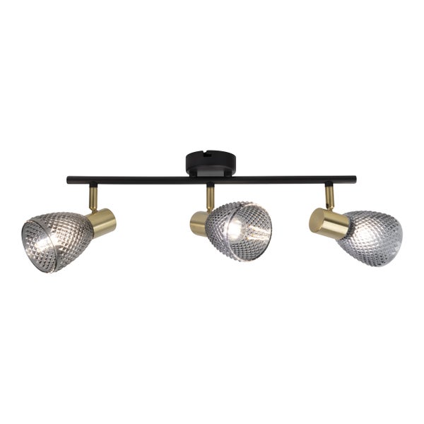 Deckenleuchte mit drei Strahlern und strukturierten Glasschirmen