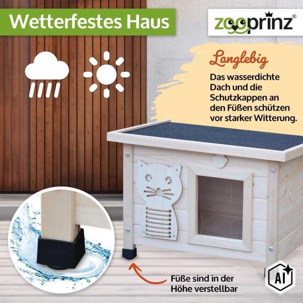 Wetterfestes Zooprinz Katzenhaus aus Holz mit wasserdichtem Dach, verstellbaren Füßen und Schutzvorrichtung gegen Feuchtigkeit.