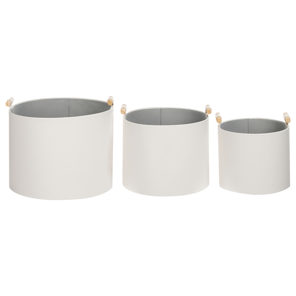 Set aus drei runden Pflanzgefäßen mit Holzgriffen