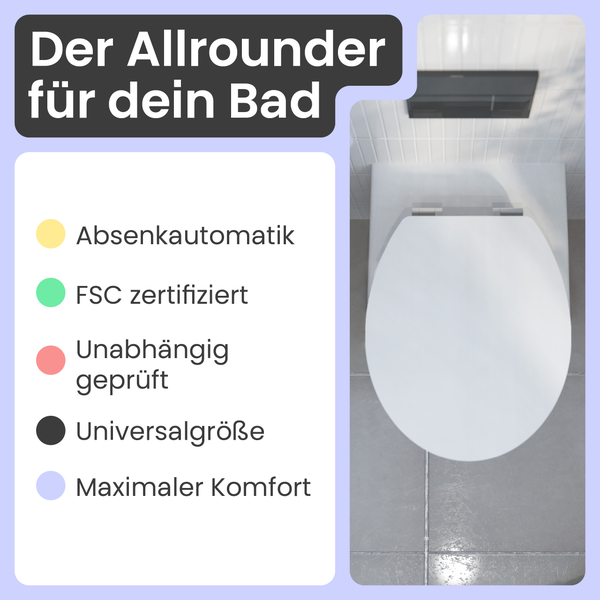 WC-Sitz mit Absenkautomatik, FSC zertifiziert, unabhängig geprüft, Universalgröße und maximalem Komfort