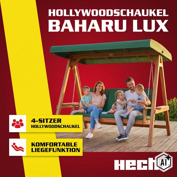 Hecht Hollywoodschaukel Baharu Lux aus Holz für vier Personen mit Liegefunktion und Sonnendach für den Garten.