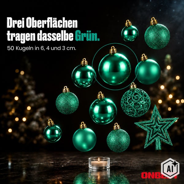 Set mit 50 Weihnachtskugeln in verschiedenen Größen und drei Oberflächenstrukturen mit einem dekorativen Weihnachtsstern und einem Teelicht.