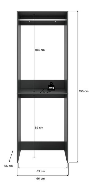 Skizze eines Kleiderschranks mit Maßen und einer Fachbodenbelastbarkeit von 25 Kilogramm.