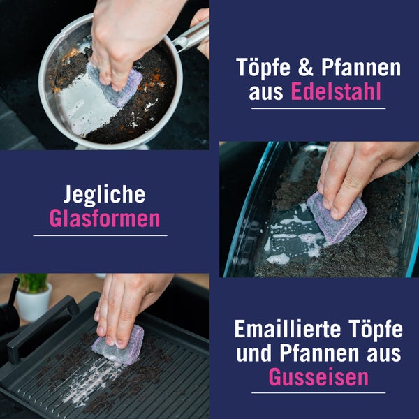 Reinigung von Edelstahl, Glas und emailliertem Gusseisen mit einem Reinigungsschwamm.