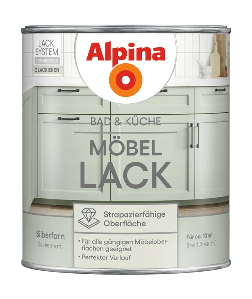 Alpina Möbellack Bad und Küche Silberfarn seidenmatt, strapazierfähige Oberfläche, für Möbeloberflächen, reicht für circa 10 Quadratmeter.