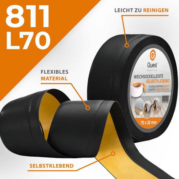Quest Weichsockelleiste, Breite Sockelleiste 70 x 20 mm, PVC Knickleiste für Wand, Boden, Flexibel, Schwarz, 1 Meter