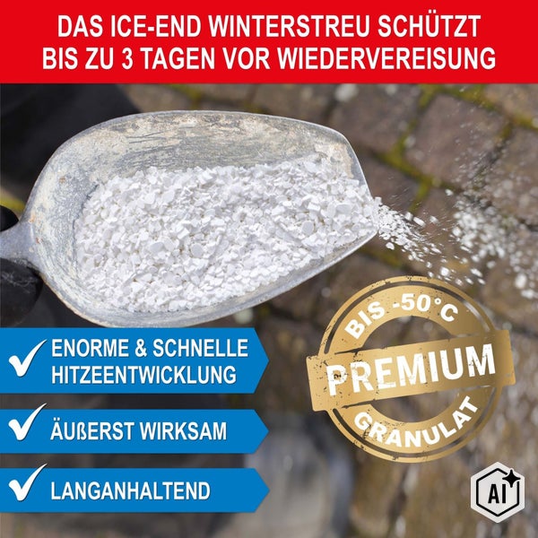 Winterstreugranulat auf einer Schaufel zur Streuung auf vereisten Flächen mit Hinweisen zu Wirksamkeit und Temperaturbeständigkeit bis 50 Grad Celsius
