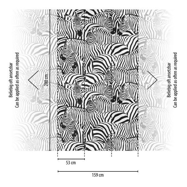 Fototapete mit Zebramuster, Maße 159 mal 280 Zentimeter, Bahnenbreite 53 Zentimeter, beliebig oft ansetzbar.