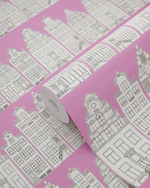 ESTAhome Tapete Amsterdamer Grachtenhäuser Rosa - 53 cm x 10.05 m - 137714