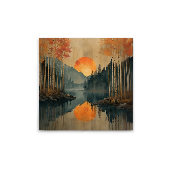Dekoratives Holzbild mit See, Bäumen und Sonne