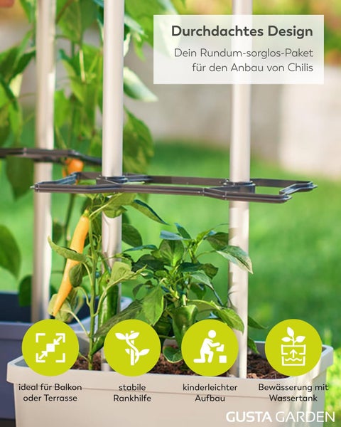 Chili-Anzuchtset mit Pflanzgefäß und Rankhilfe für Balkon oder Terrasse.