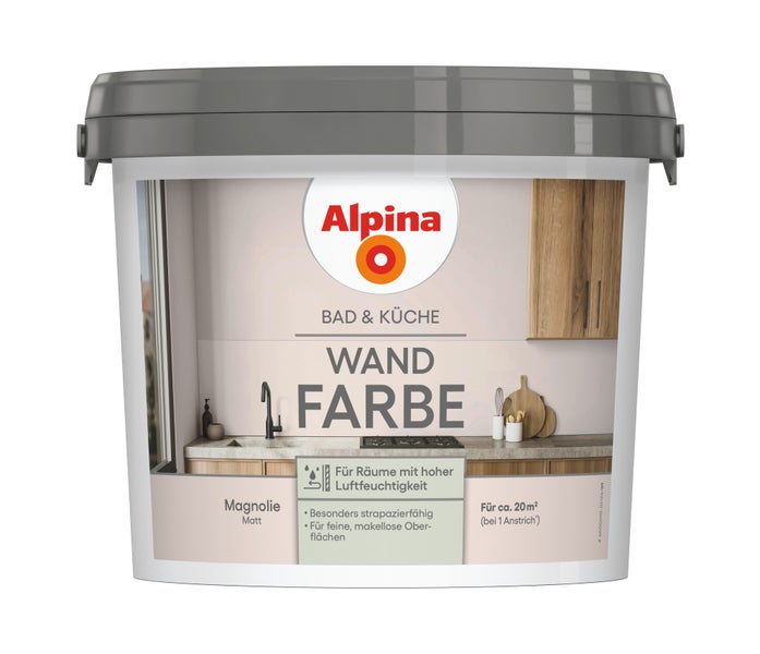 Alpina Bad und Küche Wandfarbe, Magnolie matt, für Räume mit hoher Luftfeuchtigkeit, circa 20 Quadratmeter Reichweite.